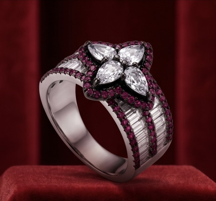Elizabeth 4.2 carat Moissanite .925 Sterling Silver dipped in Rhodium handcrafted Ring size 8 - Side view of Elizabeth 4.2 carat Moissanite sterling silver ring