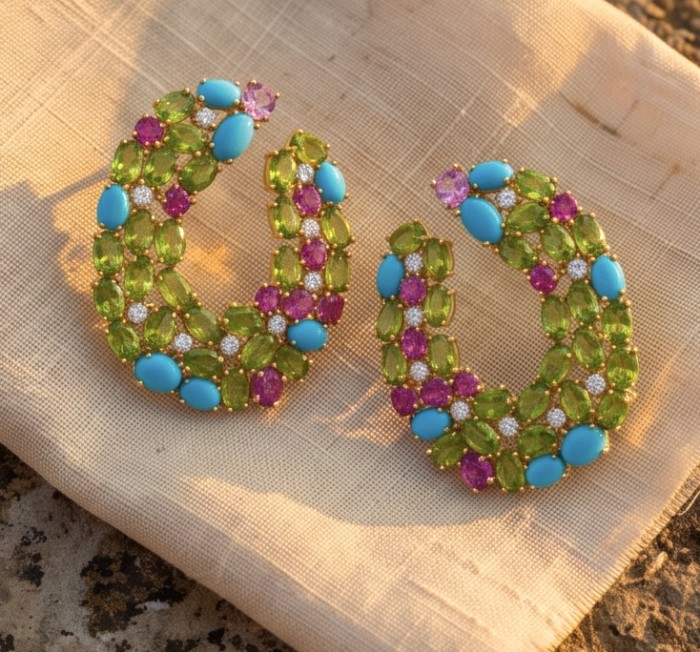 SERENADE Luxurious .9 carat authentic Himalayan Peridot .925 Sterling Silver dipped in 14K Gold Handcrafted Statement Earrings - Top view of colorful gemstone hoop earrings on fabric.