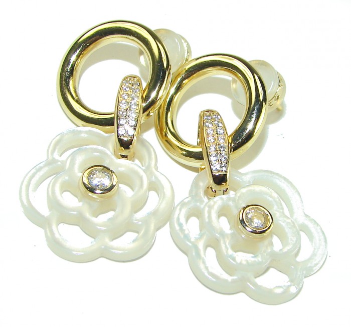 Genuine Blister Pearl 0.3 carat lab grown Diamond 18K Gold over .925 Sterling Silver handcrafted Statement Earrings - photo 2