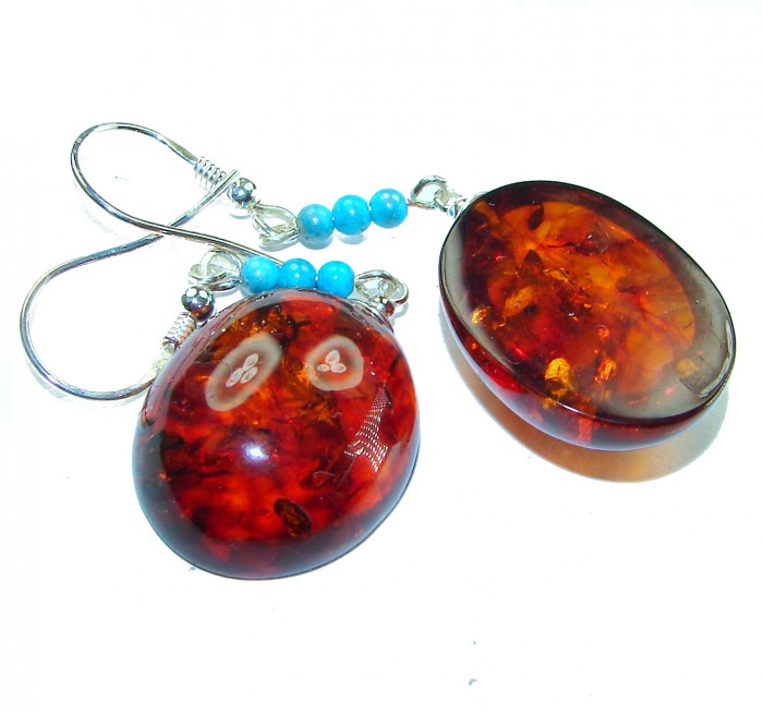 Baltic Polish Amber Turquoise .925 Sterling Silver Earrings - photo 1