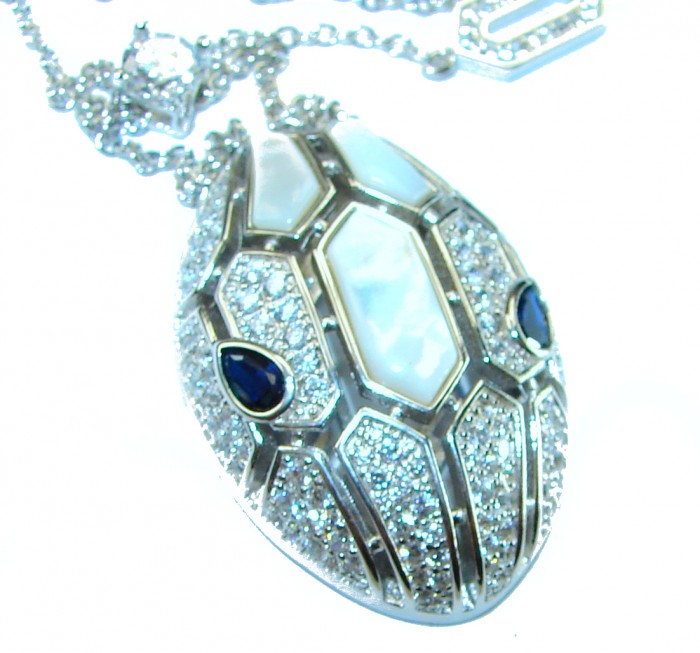 Great Masterpiece Snake's Head genuine 4.1 carat Sapphire Blister Pearl .925 Sterling Silver handmade necklace - Close-up of Great Masterpiece Snake's Head with 4.1 carat Sapphire.