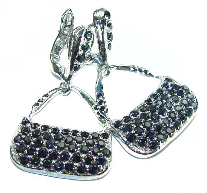 Luxurious BlueBags authentic 10.8 carat Sapphire black rhodium .925 Sterling Silver handcrafted earrings - Close-up of Luxurious BlueBags sapphire earrings, showcasing stones