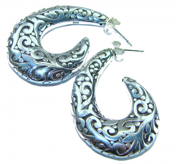 1 5/8 inches long - Free Spirit bohemian Style .925 Sterling Silver handmade Bali made Oversized Earrings - Silver crescent earrings, top view, intricate swirls, 1 5/8 inches long.