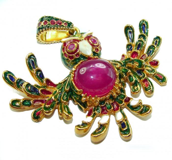 Precious Parrot Natural 8.2 carat Star Ruby Enamel 18K Gold over .925 Sterling Silver Pendant - Parrot-shaped pendant with ruby, enamel, and gold, top view.