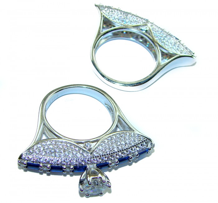 Extravaganza Large 5.6 carat Sapphire .925 Sterling Silver brilliantly handcrafted stack up ring s. 6 - Side view of sapphire and diamond sterling silver rings
