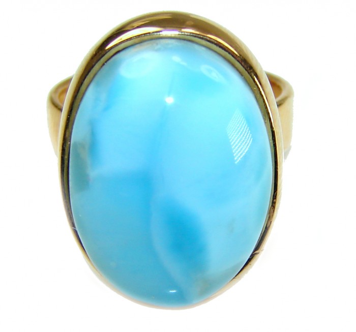 Blue Perfection AAAA QUALITY Blue Larimar 18K Gold over .925 Sterling Silver handmade Large ring size 8 adjustable - Blue Larimar ring close-up with 18K gold setting