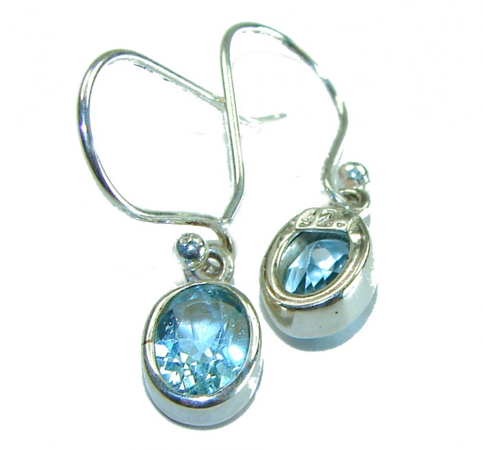 1.7 carat Swiss Blue Topaz .925 Sterling Silver Handcrafted earrings - Close-up of Swiss Blue Topaz earrings in .925 sterling silver.