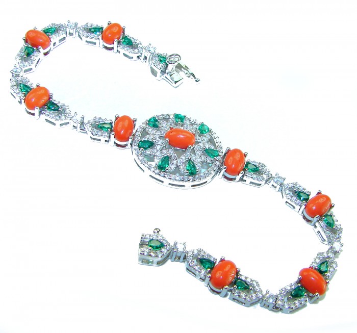 Serenity - 72.5 carat genuine Coral Emerald .925 Sterling Silver handmade Statement Bracelet - Elegant Coral and Emerald bracelet, overhead view.