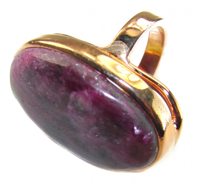 Authentic Ruby in Zoisite 18k Rose Gold over .925 Sterling Silver handmade Cocktail Ring s. 8 adjustable - Ruby in Zoisite ring, 18k rose gold, angled side view close-up.
