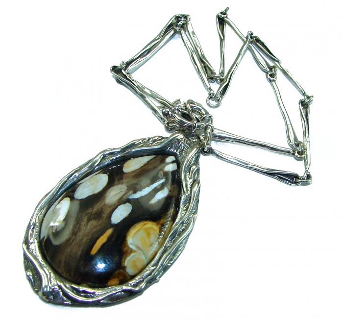 Genuine Petrified Palm Wood .925 Sterling Silver handcrafted necklace - Petrified Palm Wood pendant in sterling silver, front view.