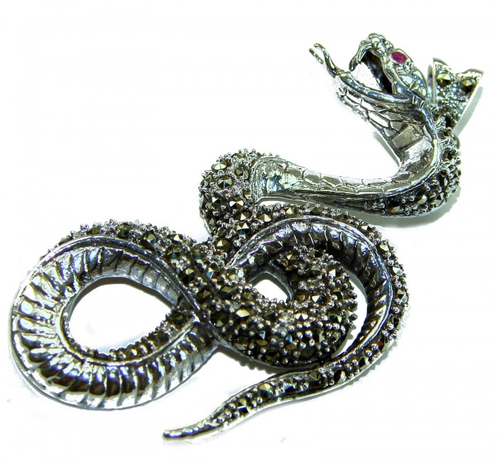 Large 2 5/8 inches long Cobra Snake genuine Marcasite .925 Sterling Silver handmade Pendant - Silver marcasite cobra snake brooch, top view, intricate detail.