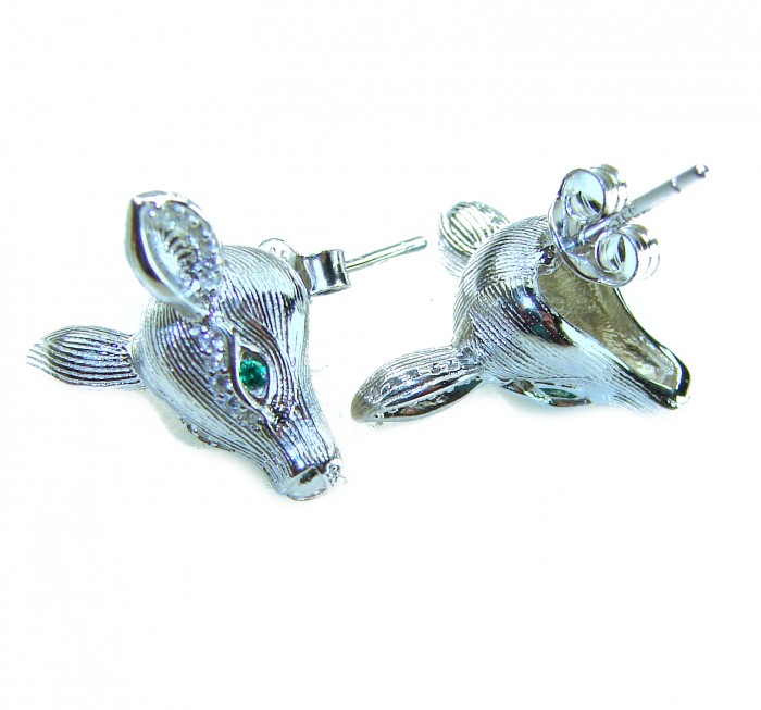 Deer'S Head 0.7 carat Emerald .925 Sterling Silver handmade Statement earrings - Deer's head earrings with emerald, side and back view, sterling silver.