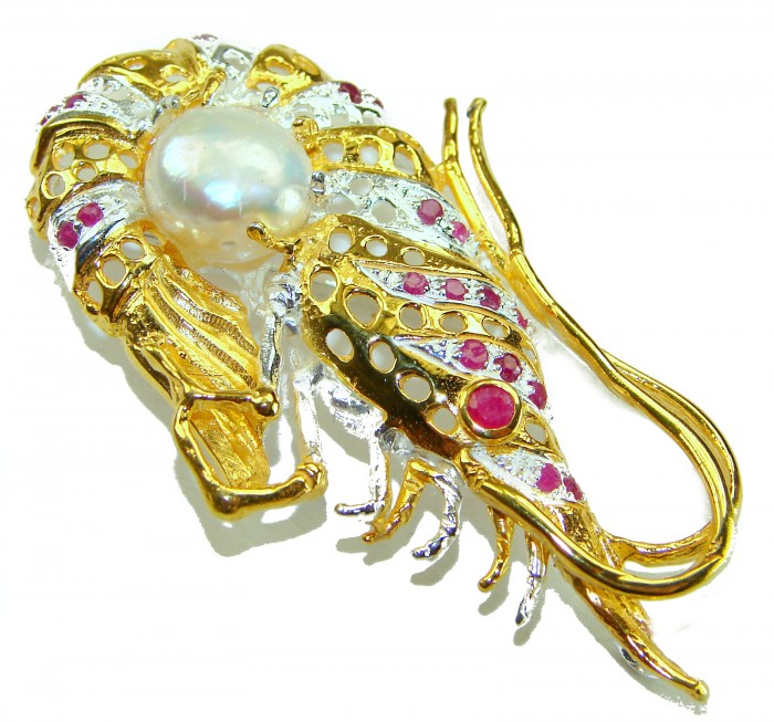 Precious Shrimp genuine Ruby 14k Gold over .925 Sterling Silver handmade Pendant - Brooch - Precious shrimp jewelry, top view, gold and ruby details with pearl center.
