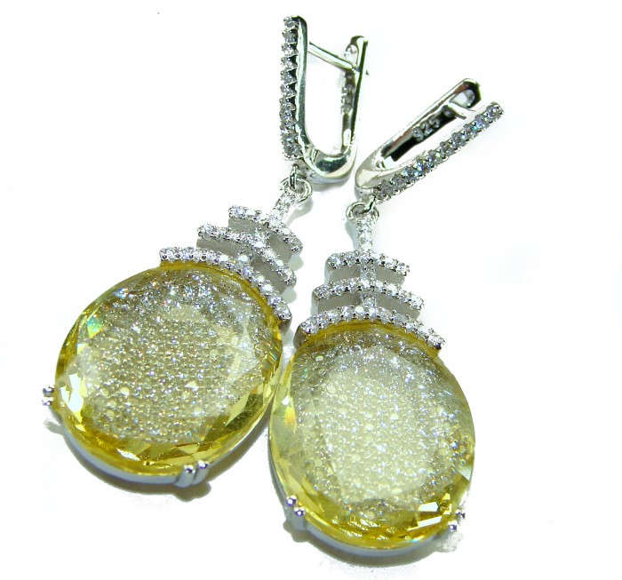 Costa del Sol 22.8 carat Lemon Quartz rhodium over .925 Sterling Silver handcrafted Statement Earrings - Close-up of Costa del Sol lemon quartz earrings with diamond accents.
