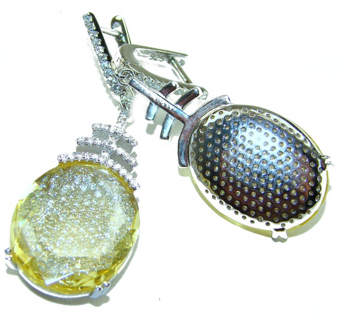 Costa del Sol 22.8 carat Lemon Quartz rhodium over .925 Sterling Silver handcrafted Statement Earrings - Close-up of Costa del Sol Lemon Quartz earrings with 925 silver details.