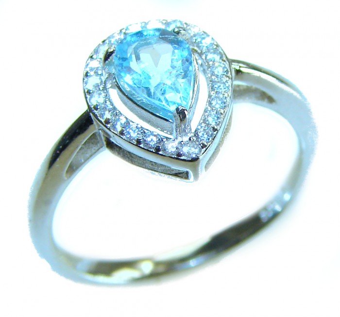 Dolce Vita authentic 4.5 carat authentic Aquamarine .925 Sterling Silver handcrafted Ring size 6 1/4 - Aquamarine ring close-up showing pear-cut stone and halo setting