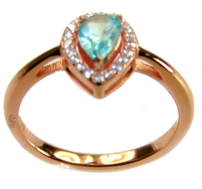 1.8 carat AQUAMARINE .925 Sterling Silver dipped in 18K Rose Gold Perfectly handcrafted Ring s. 6 - Teardrop aquamarine ring in rose gold, front view.