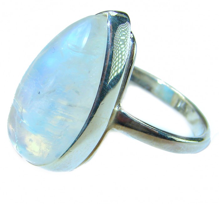 Rainbow Moonstone .925 Sterling Silver handmade ring s. 8 adjustable - Side view of Rainbow Moonstone in .925 Sterling Silver ring size 8.