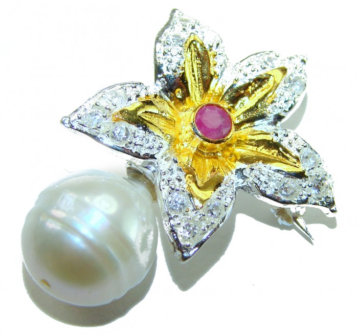 Genuine Pearl Ruby 14K Gold .925 Sterling Silver handmade Pendant Brooch - Close-up of floral brooch with pearl, ruby, and gold silver accents.