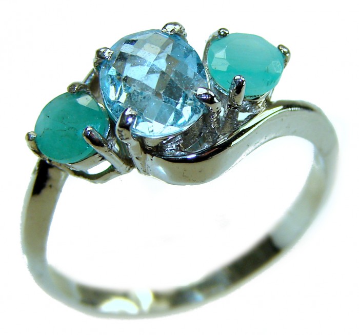 Emily 3.8 carat Swiss Aquamarine Emerald .925 Sterling Silver handmade Statement Ring size 8 - Side view of aquamarine and emerald ring in sterling silver