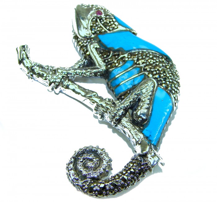 Spectacular Big Chameleon Lizard inlay Turquoise .925 Sterling Silver handmade Brooch - Side view of chameleon lizard brooch with turquoise inlay.
