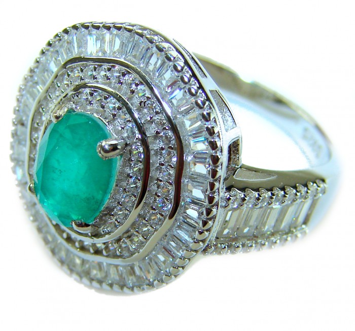 Art Decor Authentic 6.2 carat Colombian Emerald .925 Sterling Silver handcrafted Ring size 7 1/4 - Emerald ring with diamond halo, close-up side view.
