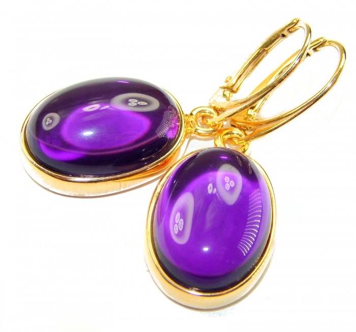 Lavender Beauty authentic 16.2 carat Amethyst 14K Gold over .925 Sterling Silver handcrafted earrings - Purple amethyst earrings in 14K gold, close-up view.