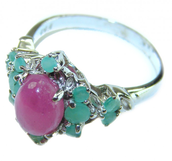 Emily 8.5 carat Ruby Emerald .925 Sterling Silver handmade Statement Ring size 7 - Side view of a sterling silver ring with ruby and emerald stones.