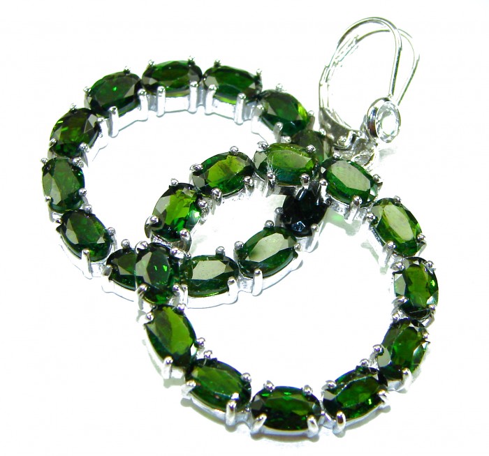 Authentic 22.9 carat CHROME DIOPSIDE from Siberia .925 Sterling Silver handmade Large Statement earrings - Close-up of chrome diopside hoop earrings in silver setting