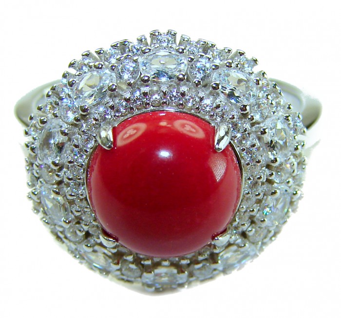 Elizabeth Natural Fossilized Coral .925 Sterling Silver handmade ring s. 9 - Red coral and diamond ring close-up, set in .925 sterling silver.