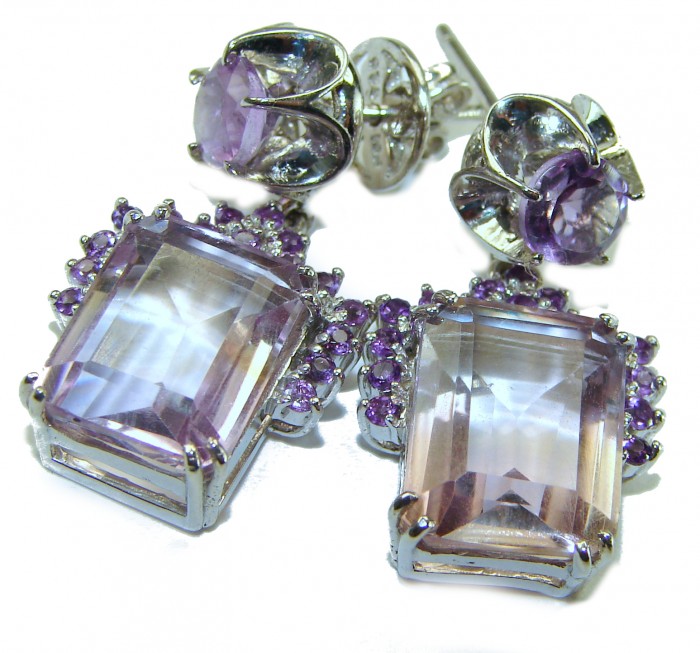 Purple Beauty 15.5 carat Ametrine .925 Sterling Silver HANDCRAFTED Earrings - Close-up of Purple Beauty Ametrine and Sterling Silver earrings.