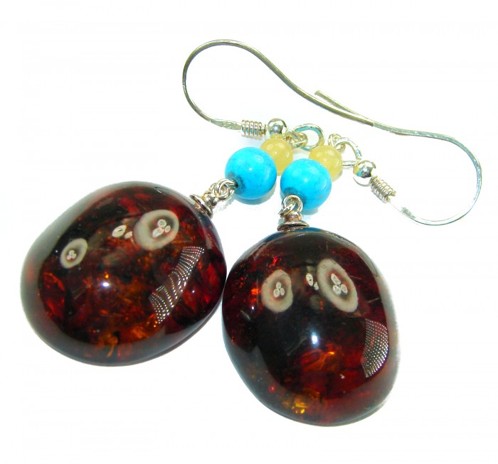 Golden Honey Drops authentic Baltic Amber .925 Sterling Silver earrings - Close-up of Baltic amber and turquoise bead earrings with sterling hooks.