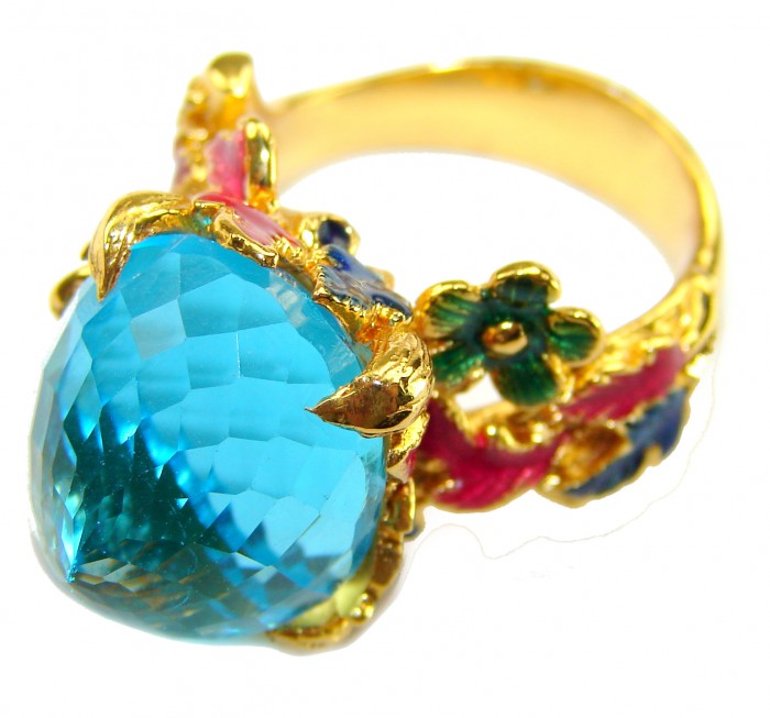 Pacifica - Authentic Fancy Rose cut 44.5 carat Swiss Blue Topaz Enamel 22K Gold over .925 Sterling Silver handcrafted Large Statement ring size 7 1/4 - Blue stone ring, ornate gold setting, gemstone close-up view