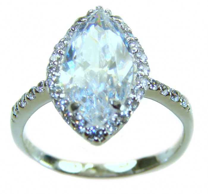 LUXURIUS 6.5 carat White Topaz .925 Sterling Silver ring size 7 1/4 - Marquise-cut white topaz ring, top view, with halo and diamond accents.