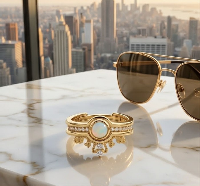 Golden Galaxy Genuine 2.8 carat Opal 14K Gold over .925 Sterling Silver handmade Ring size 7 - Golden opal ring with sunglasses, city skyline in the background.