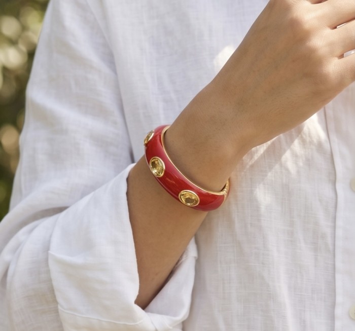 Red Enamel Vintage style Luxurious Golden Topaz Hinge Bangle Bracelet - photo 1