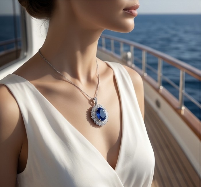 Atlantica Natural 20.7 carat African Tanzanite .925 Sterling Silver handcrafted Necklace - Woman wearing Atlantica Tanzanite necklace on a yacht, side view