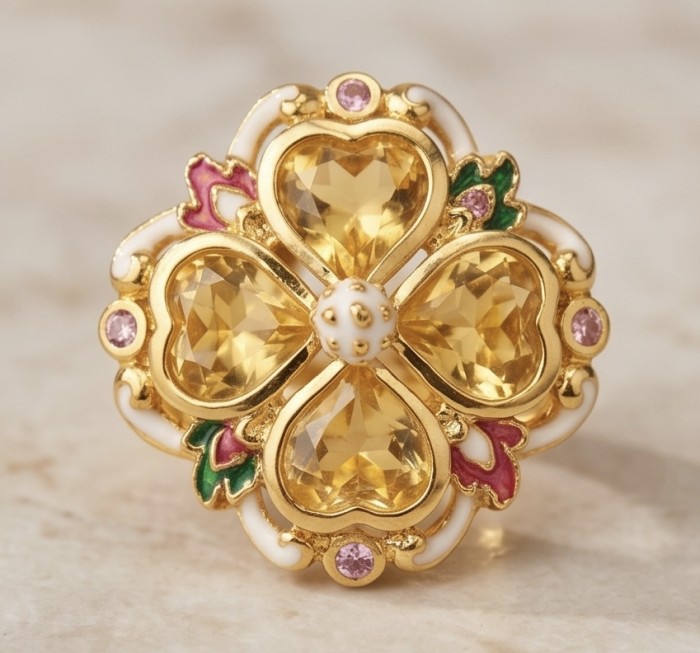 Yellow Clover 10.2 carat Brazilian Citrine Enamel .925 Sterling Silver dipped in real 22K Gold handcrafted HUGE ring; s. 7 - Close-up of Yellow Clover 10.2 carat Brazilian Citrine ring