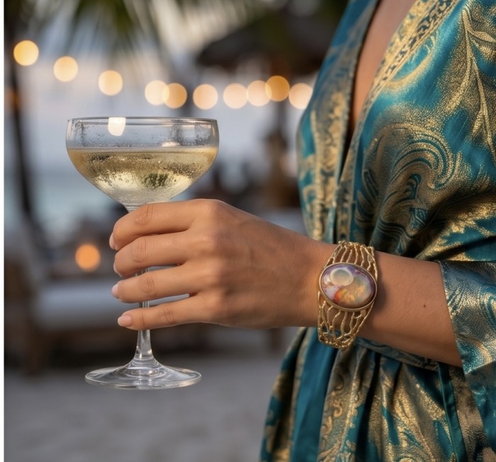 Authentic 25.8 carat Mexican Opal handmade 14K Gold over .925 Sterling Silver Bracelet / Cuff - Worn on hand, 25.8-carat Mexican Opal bracelet in 14K gold, holding a glass.