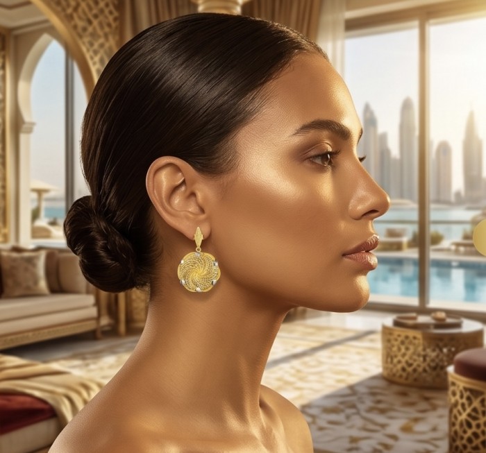 Dubai Style - .925 Sterling Silver dipped in 22K Gold handmade Earrings - Side view of gold-dipped sterling silver earrings worn by model.