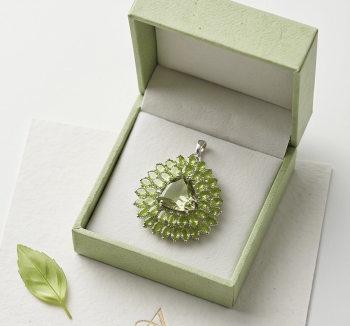 Valentina - Vintage Design Genuine 28.5 carat Peridot .925 Sterling Silver handmade Pendant Brooch - Green peridot pendant in box, top view, vintage design.