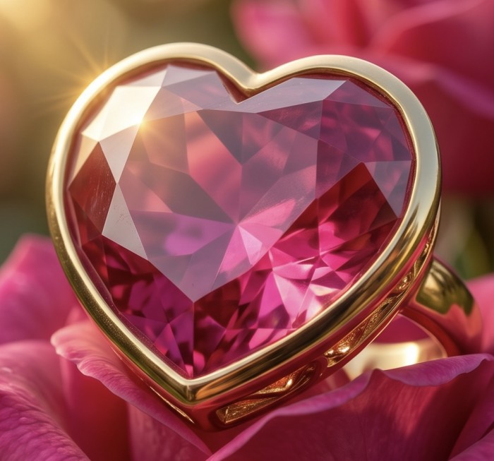 Always on my Mind Natural heart shape 22.7 carat Ruby .925 Sterling Silver dipped in 22K Gold handmade Statement Ring size 8 - Close-up of heart-shaped 22.7 carat ruby ring on pink rose petals