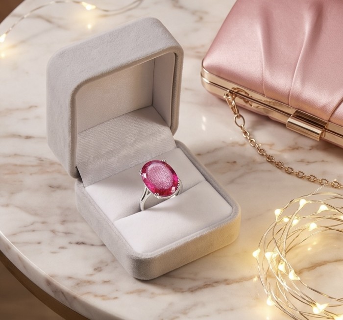 Angelina 12.9 carat authentic Pink Tourmaline .925 Sterling Silver Handcrafted Ring size 7 - Pink tourmaline ring in open box with accessories on marble surface