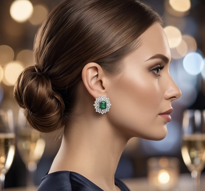 Giovanna - Authentic 7.9 carat COLOMBIAN EMERALD .925 Sterling Silver dipped in rhodium handcrafted earrings - Side view of woman wearing Giovanna Colombian emerald earrings