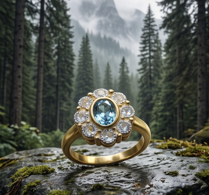 Eau Pure 4.5 carat London Blue Topaz .925 Sterling Silver dippedin 22K Gold Handcrafted Statement Ring size 7 3/4 - Eau Pure ring with London Blue Topaz, forest backdrop, close-up angle.