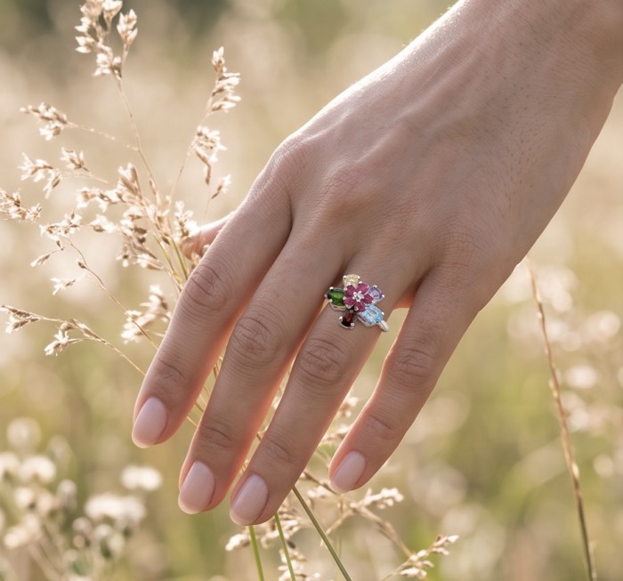 Flower 6.8 carat Multigem rhodium over .925 Sterling Silver Handcrafted Ring size 7 - Flower multigem ring on hand, outdoor setting, close-up view