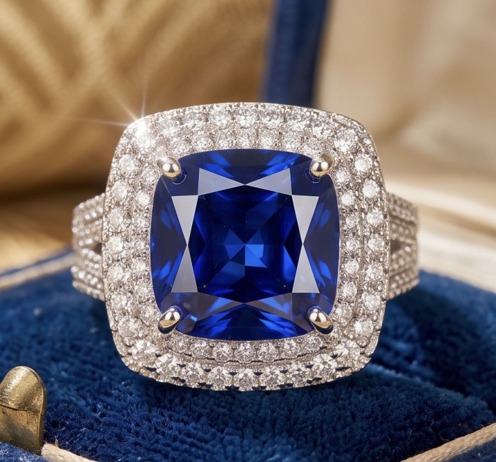 The Star of Kashmir princess cut 15.6 carat Sapphire .925 Sterling Silver handmade Statement ring size 8 - Close-up of The Star of Kashmir sapphire ring on velvet background.