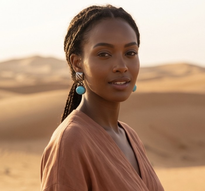 Native Spirit Great authentic Sleeping Beauty Turquoise .925 Sterling Silver handcrafted STATEMENT Earrings - Woman wearing Sleeping Beauty Turquoise earrings in desert setting.