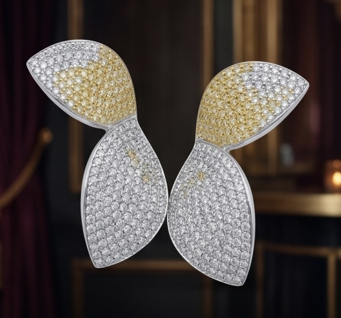 Precious Leaves 4.2 carat pave White Golden Topaz .925 Sterling Silver Handcrafted Statement earrings - Front view of Precious Leaves earrings with pave White Golden Topaz.