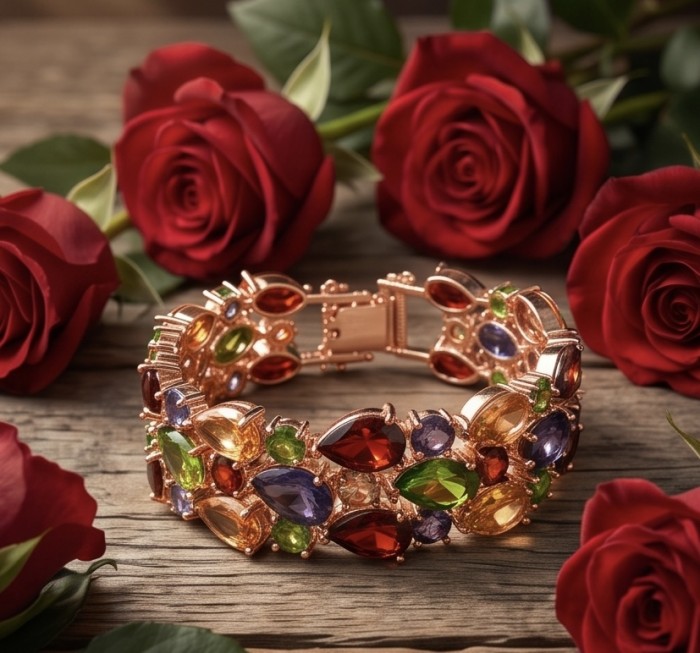 Tutti Frutti 125.5 CARAT MULTIGEM 14k Gold over .925 Sterling Silver brilliantly handcrafted Bracelet - Colorful gemstone bracelet with roses, close-up view.